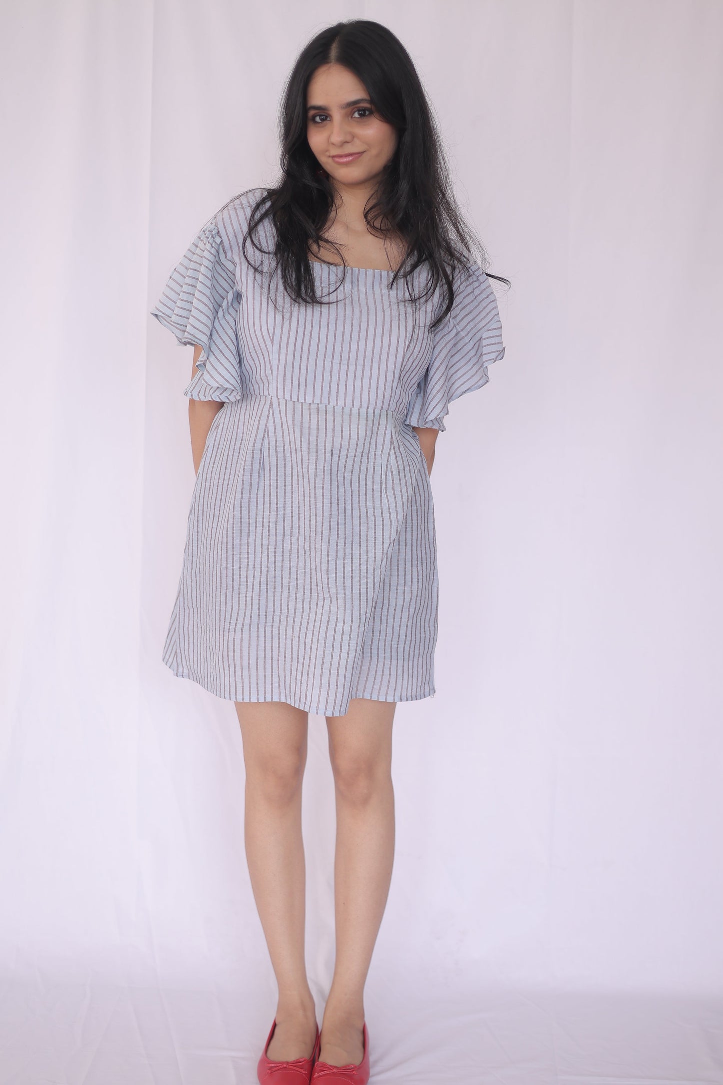 Cotton Striped Flutter Sleeve Mini Dress