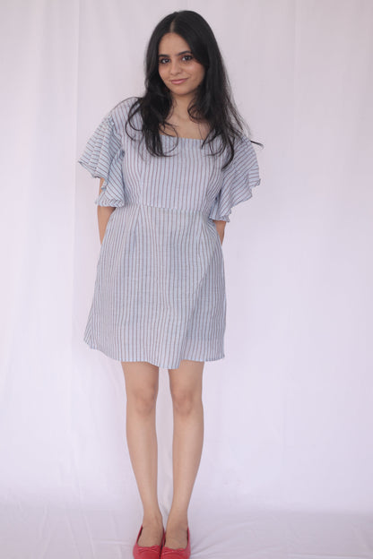 Cotton Striped Flutter Sleeve Mini Dress