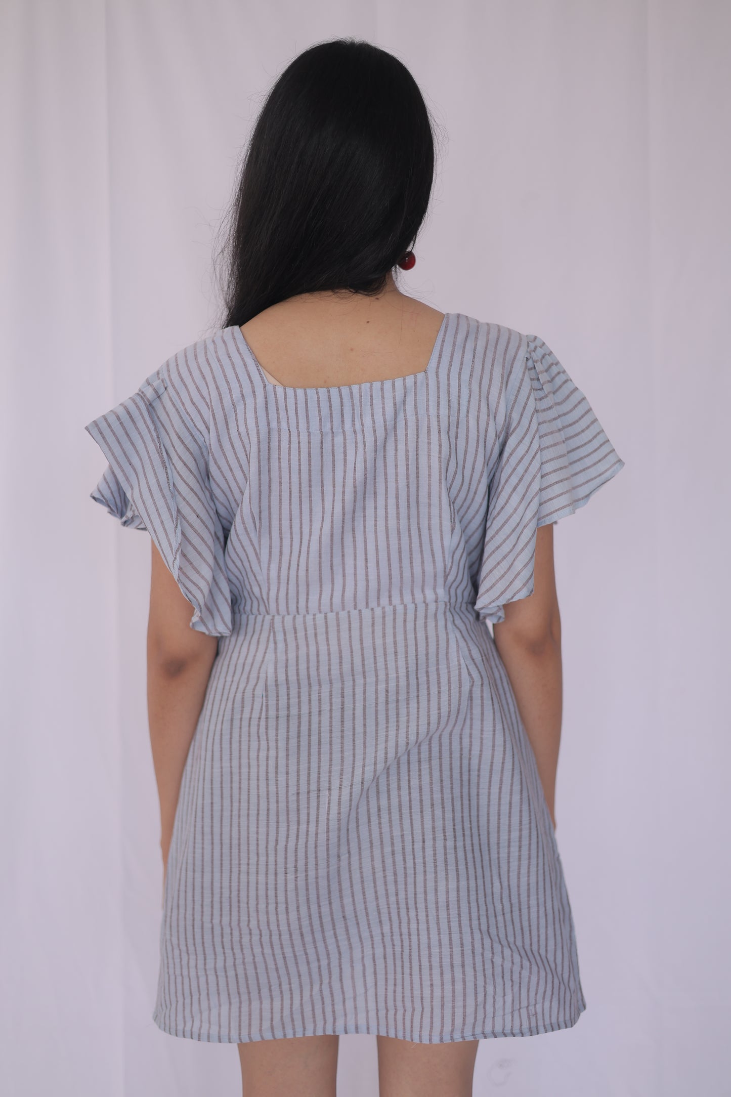 Cotton Striped Flutter Sleeve Mini Dress