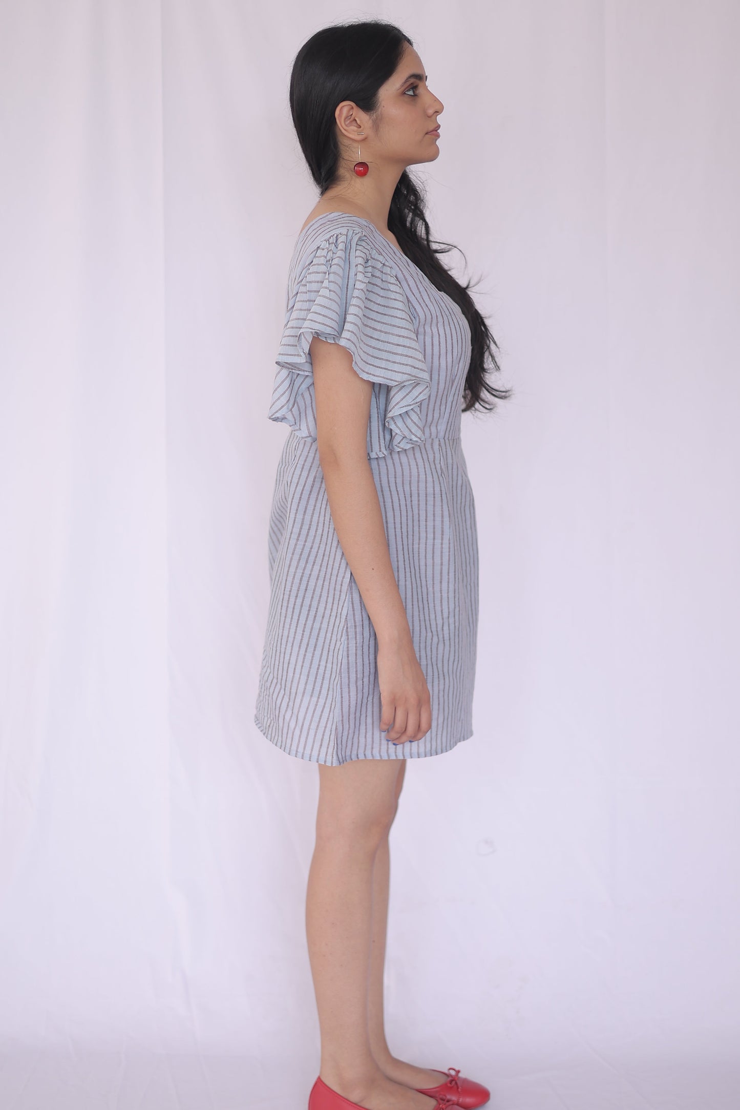Cotton Striped Flutter Sleeve Mini Dress