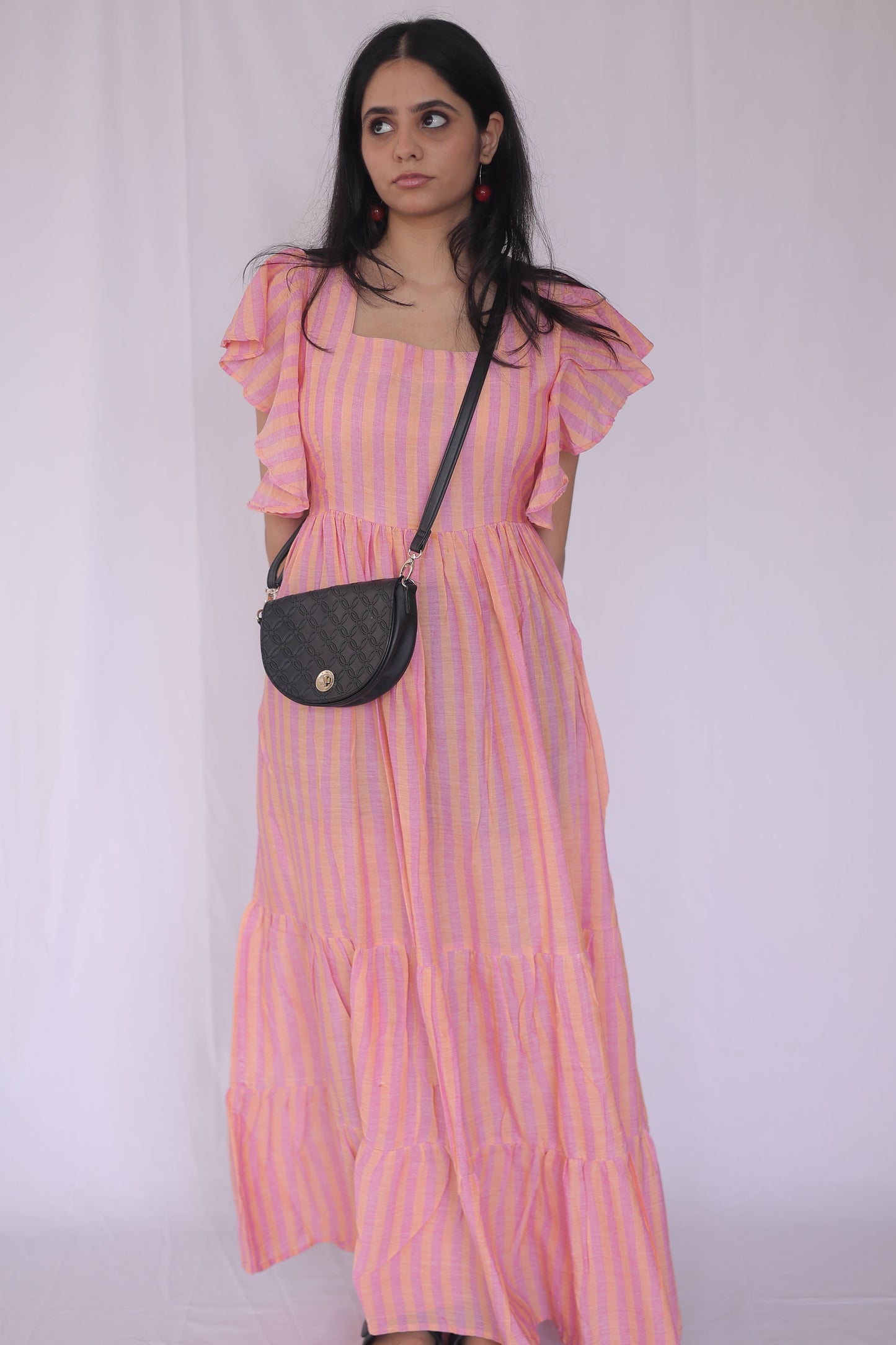 Cotton Striped Flutter Sleeve Tiered Maxi Dress