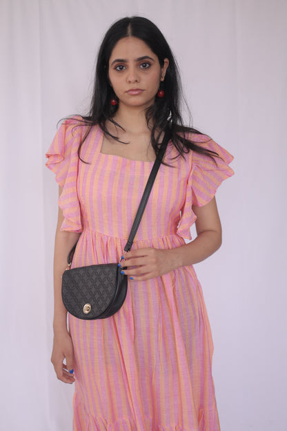 Cotton Striped Flutter Sleeve Tiered Maxi Dress
