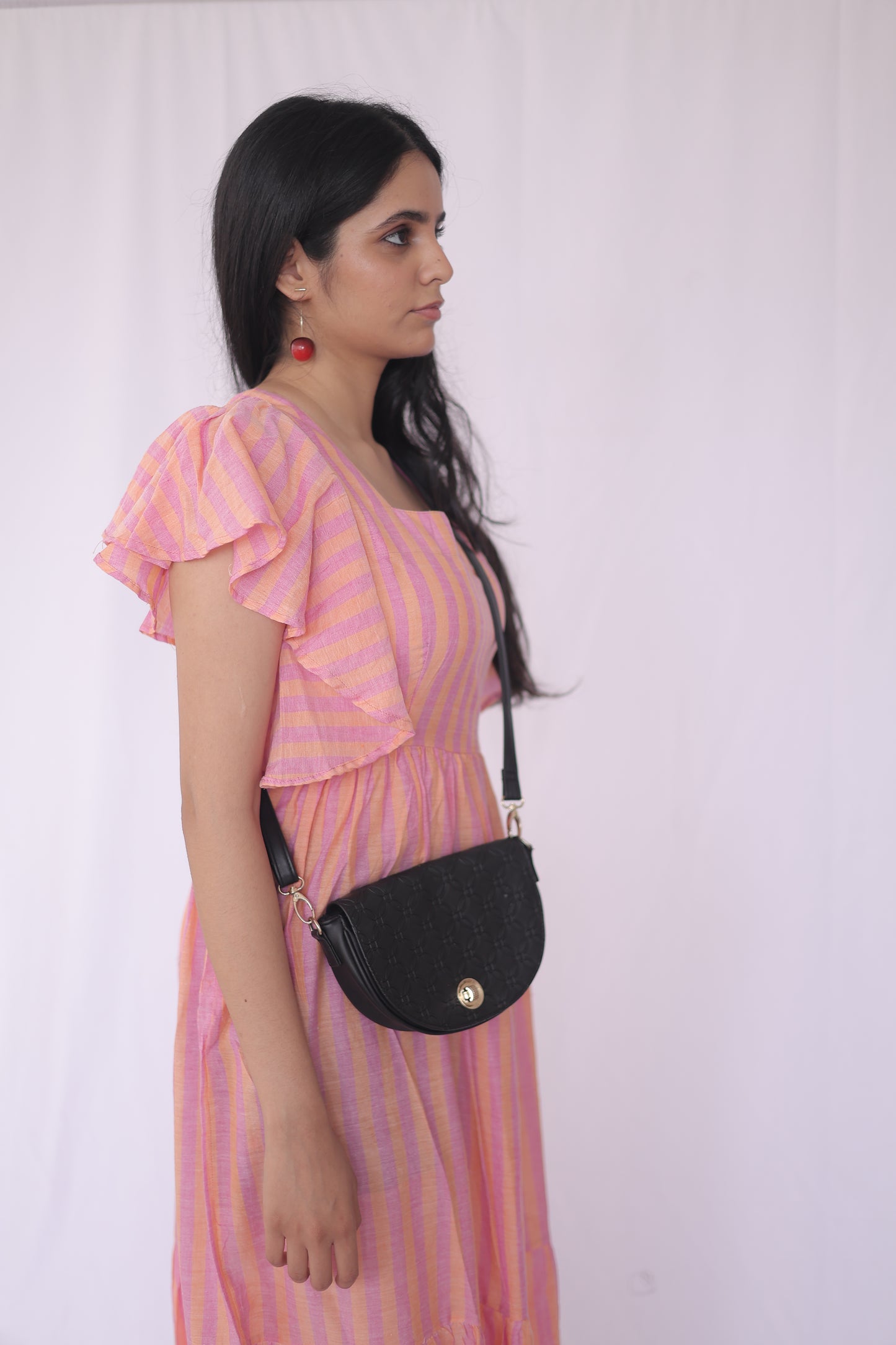 Cotton Striped Flutter Sleeve Tiered Maxi Dress