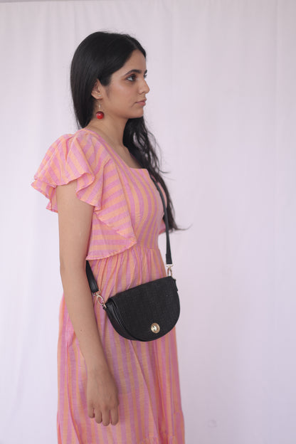 Cotton Striped Flutter Sleeve Tiered Maxi Dress