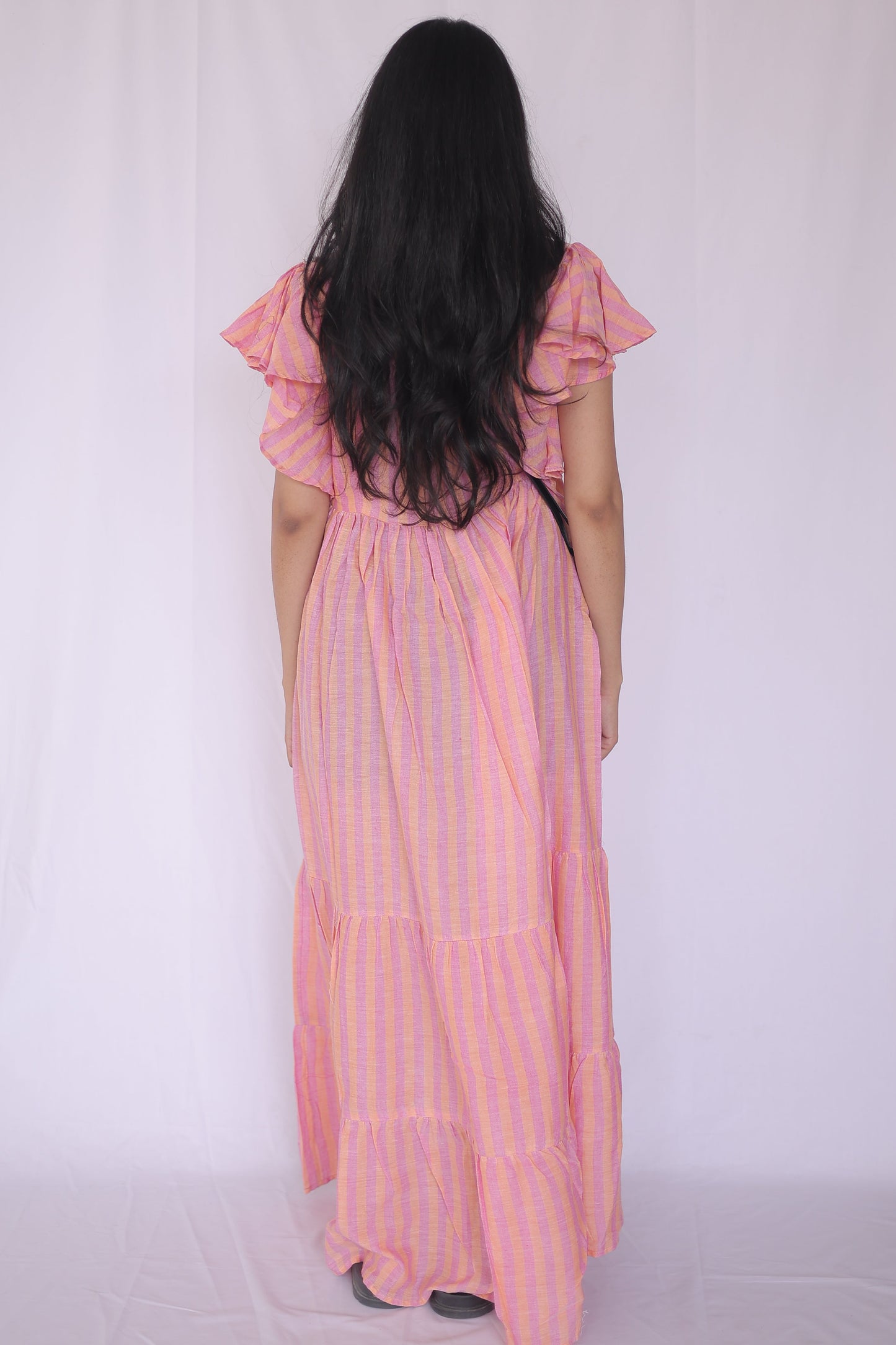 Cotton Striped Flutter Sleeve Tiered Maxi Dress