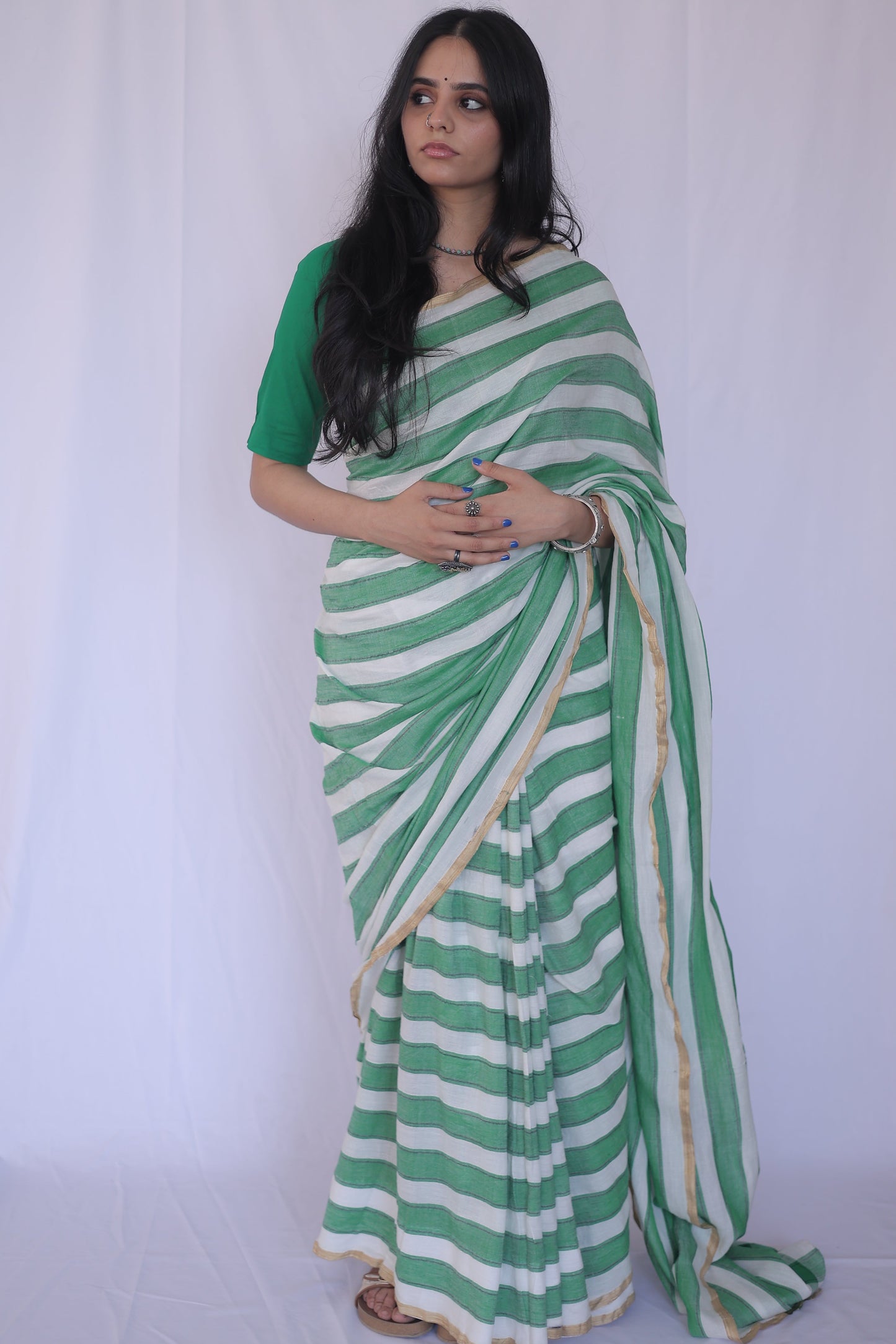 Green Striped Saree with Zari Border