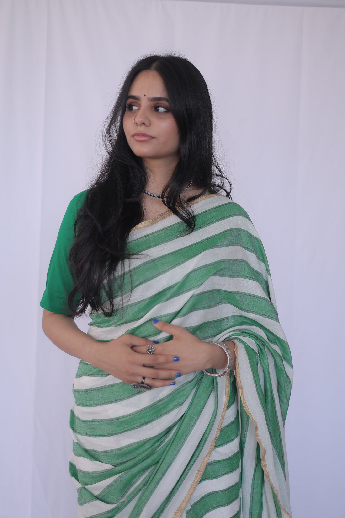Green Striped Saree with Zari Border