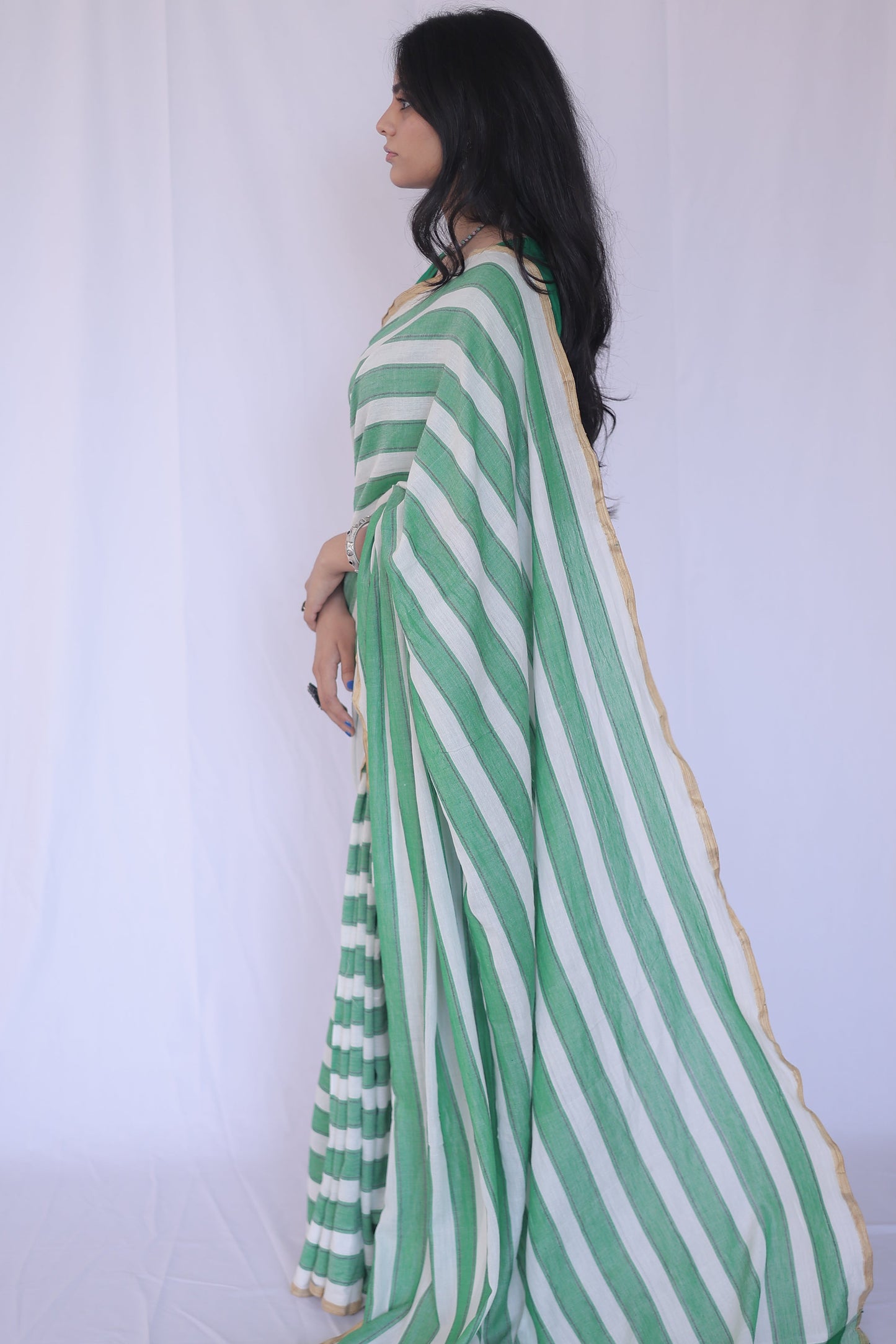 Green Striped Saree with Zari Border