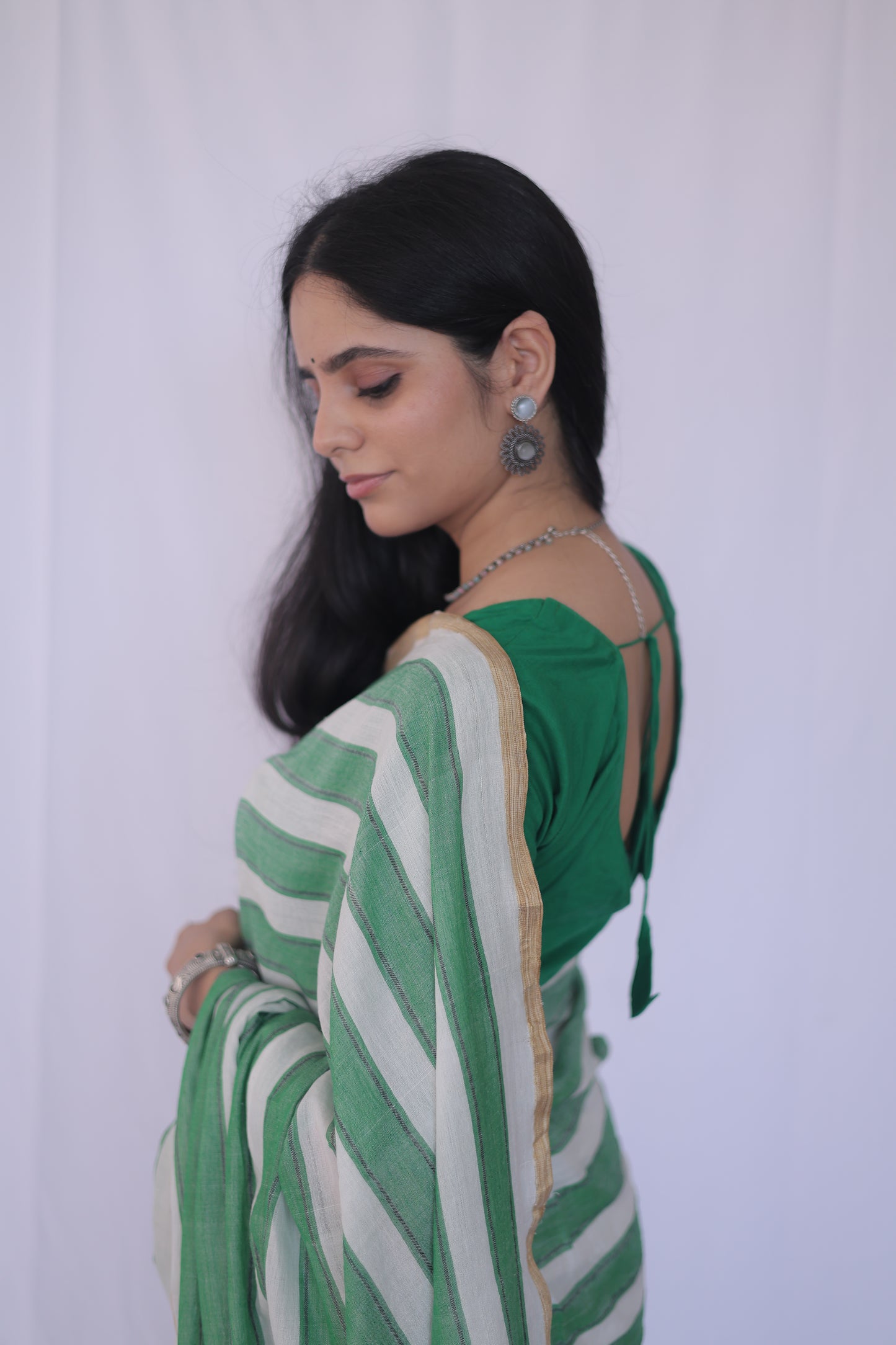 Green Striped Saree with Zari Border