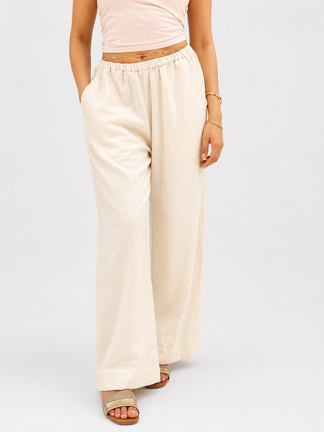 Ivory Linen Wide-Leg Pants